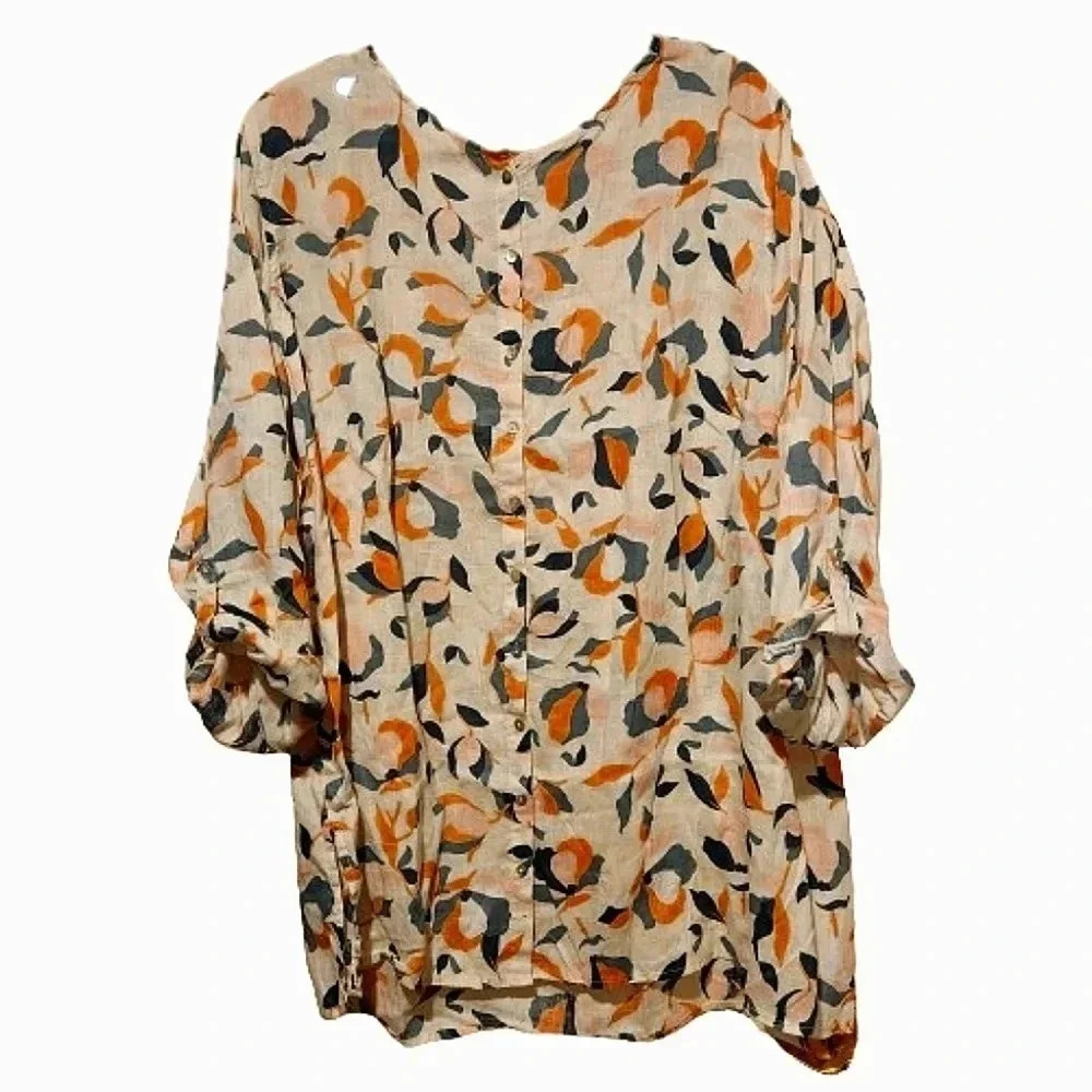 Rachael Zoe Longsleeve Linen Blouse with Green and Orange on Cream